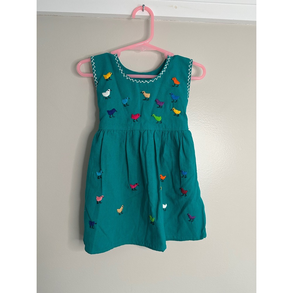 Unbranded Bird Embroidered Dress Kids 2T Teal EUC Whimsical Sleeveless Boho Fun
